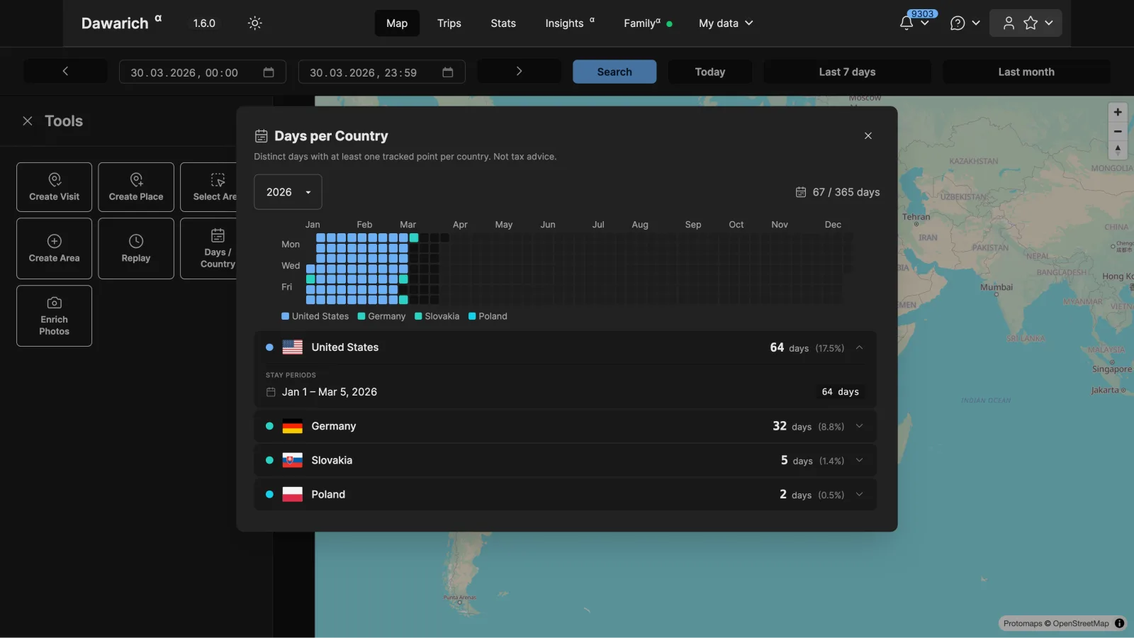 Days per country tool with heatmap