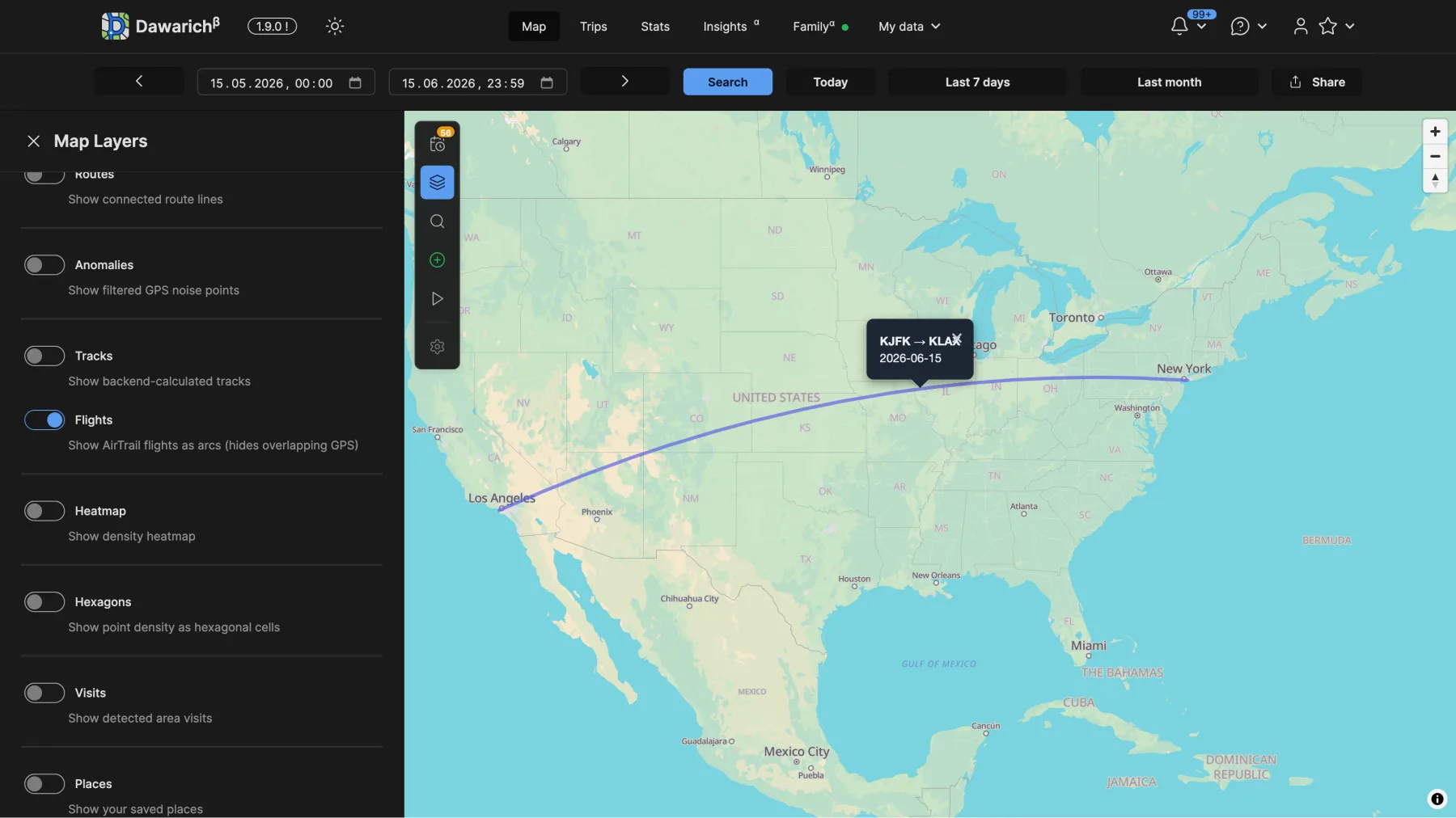 Dawarich flight arcs on the map