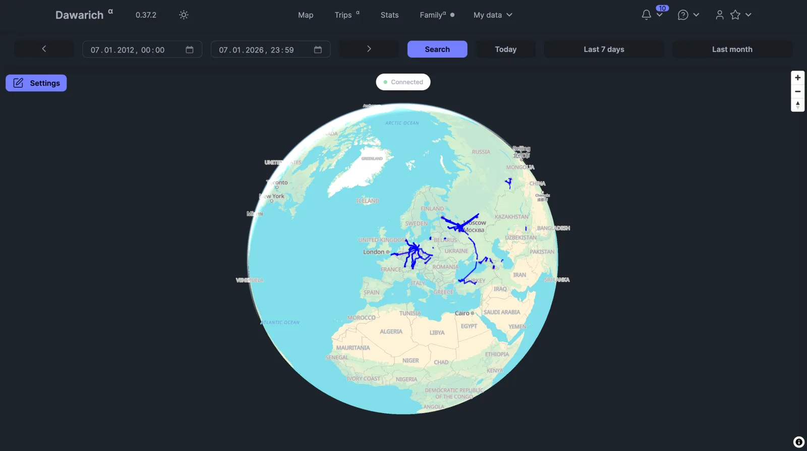 14 years worth of location data on the globe view