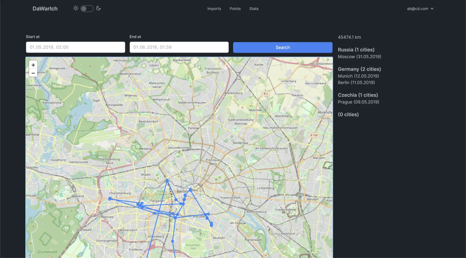 Dawarich map with location history routes