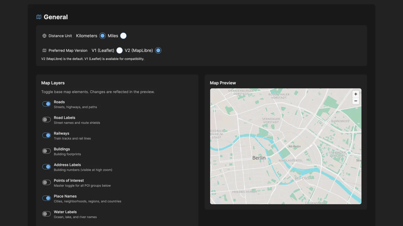 Map layers toggle in Map V2 settings