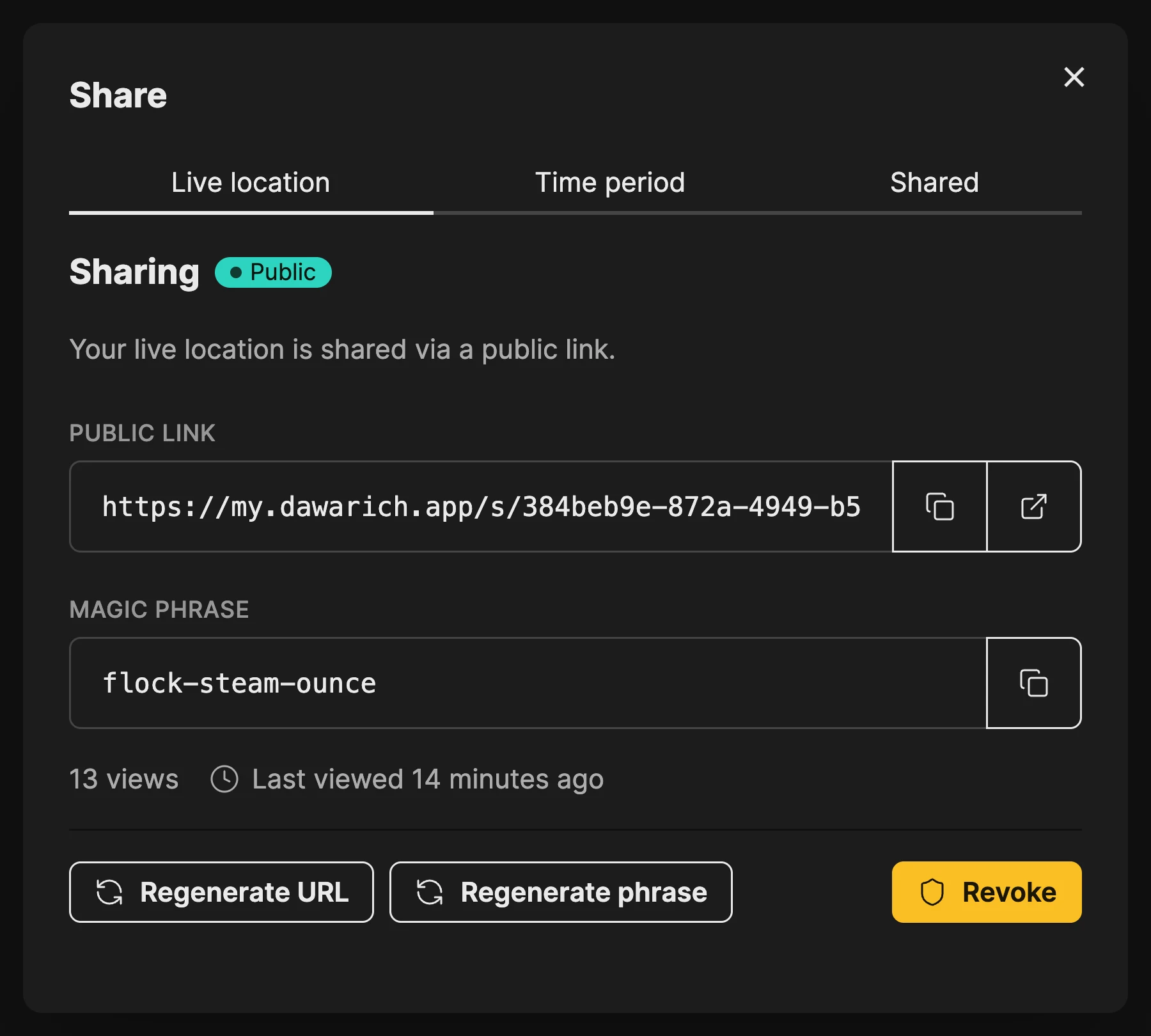 The share hub: a public link and its magic phrase, twelve views, and buttons to regenerate the URL, regenerate the phrase or revoke the link